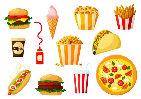 Fast food dishes with drink and dessert icon set
