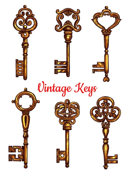 Vintage klucz i szkic na białym tle Ustaw — Wektor stockowy