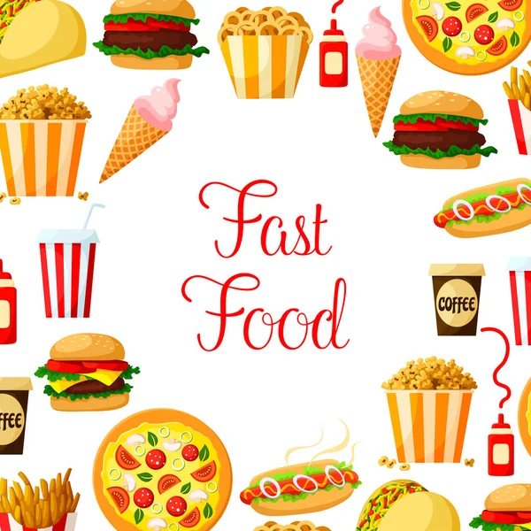 Fast-food maaltijd, hapjes, drankjes en dessert poster — Stockvector