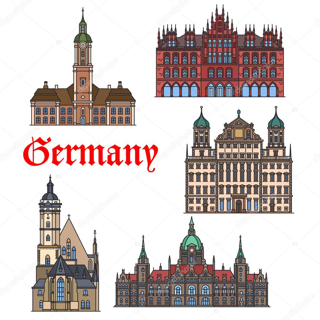 German travel landmark thin line icon set