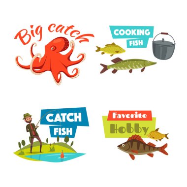 Balıkçılık spor ve hobi karikatür Icon set