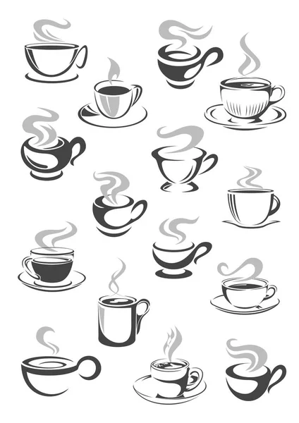 Koffie kop en thee mok pictogrammenset voor drankje ontwerp — Stockvector