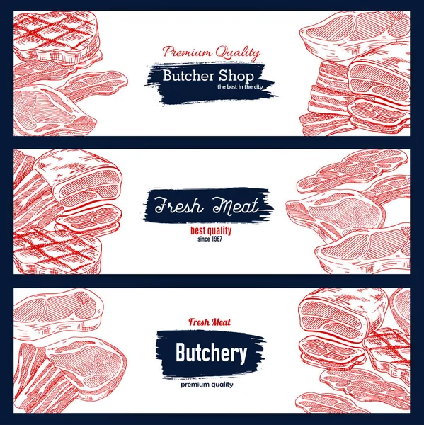 Banner de esboço de carne fresca para design de talho —  Vetores de Stock