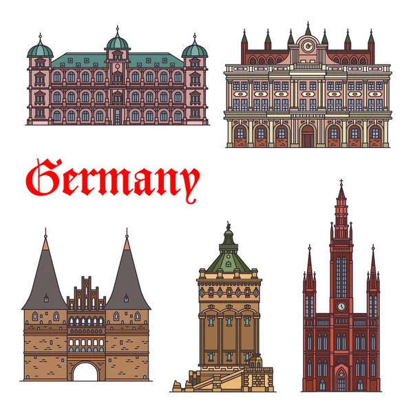 Vista turística alemana y conjunto de iconos de lugares de interés turístico — Archivo Imágenes Vectoriales