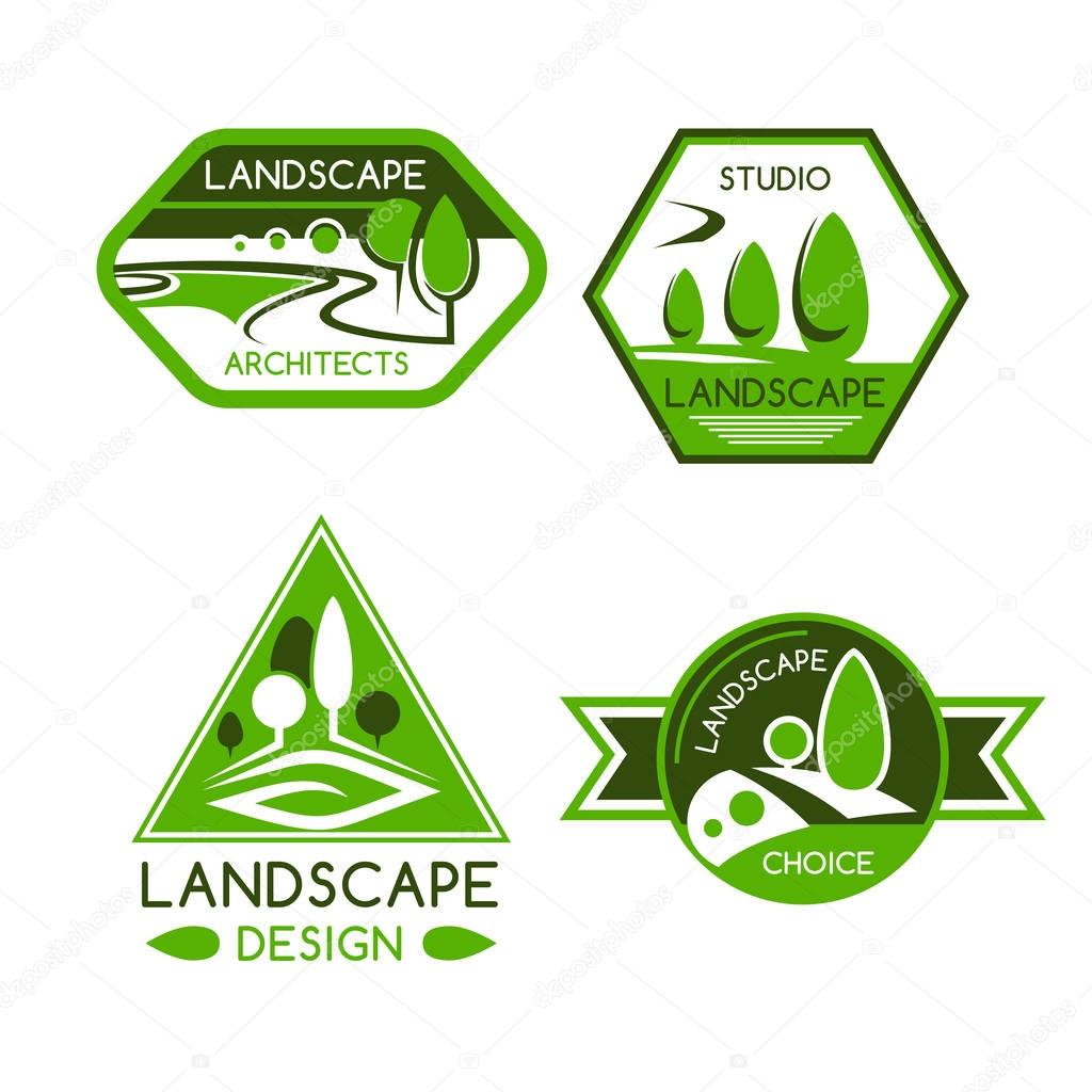 Nature emblem of green park and garden view with trees, plants, lawns and paths. Landscaping services, landscape design or architecture sign