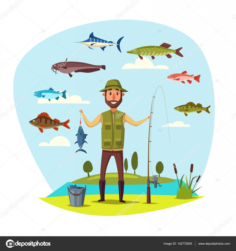 Fisher man with fish catch vector fishing Stock Vector by ©Seamartini  142772845
