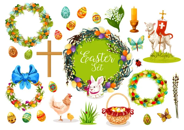 Påsk semester symboler med ägg, kanin, kyckling — Stock vektor