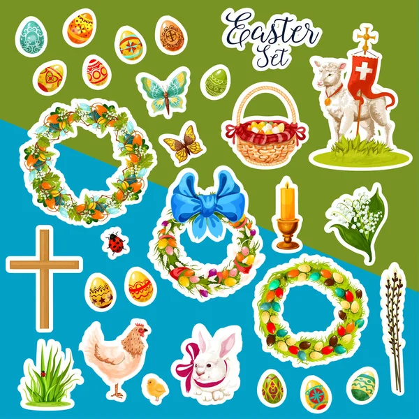 Adesivo Pasqua set con simboli vacanza primaverile — Vettoriale Stock