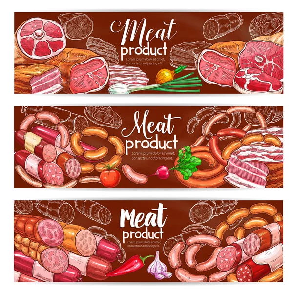 Macelleria carne e salsicce prodotti vettoriali banner — Vettoriale Stock