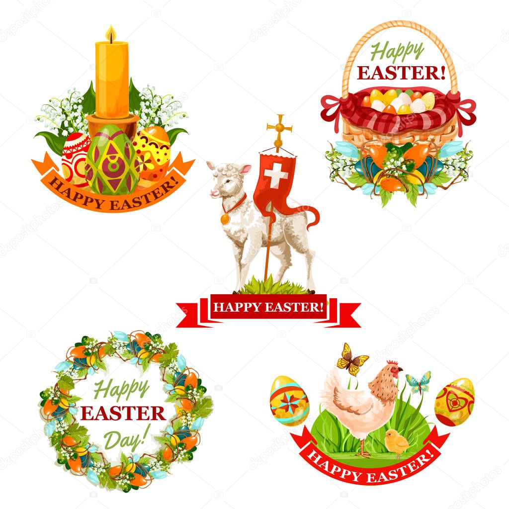 Easter holiday label set. Easter eggs in basket, chicken with chick and butterfly, Easter wreath with spring flowers and decorated eggs, lamb of God with cross, candle with lilies and ribbon banner