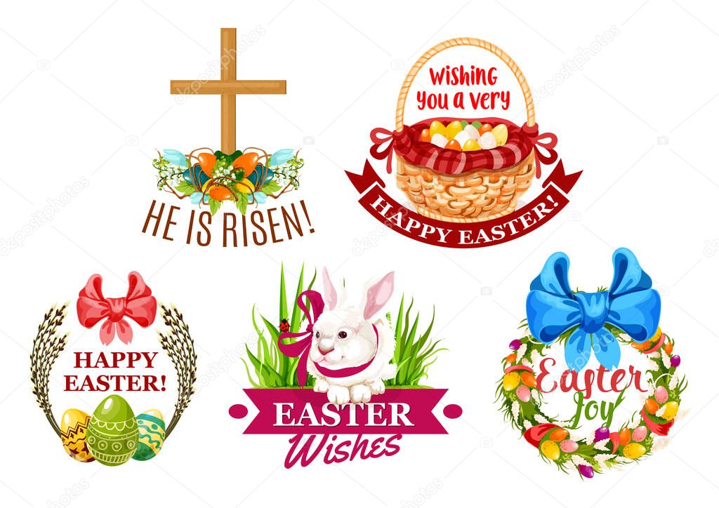 Easter egg and rabbit cartoon emblem set. Painted Easter eggs, bunny with ribbon bow, egg hunt basket, Easter wreath with spring flowers, eggs, willow branches and christian cross isolated labels