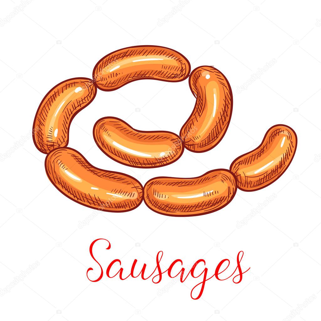 Sausages bunch vector icon of meaty sausage delicatessen, smoked bratwurst or wurst, salami or chorizo, saucisson or cabanossi bockwurst. Isolated sausage for butchery shop and store
