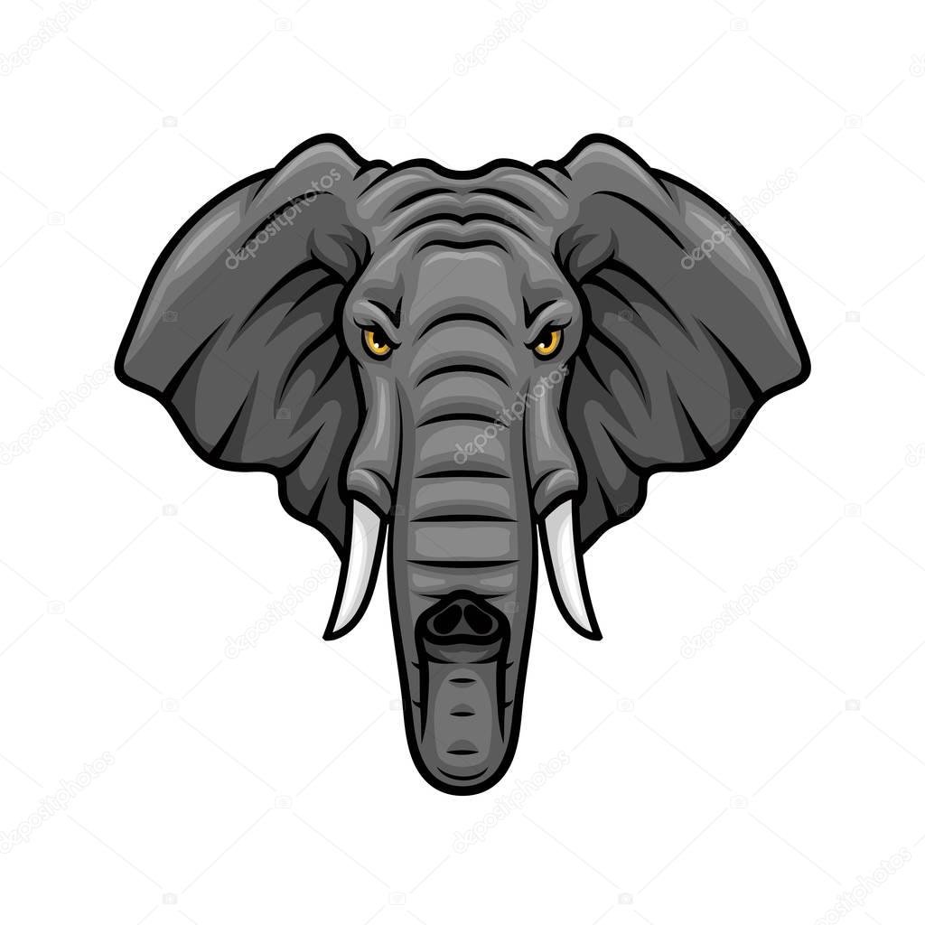 Elephant vector mascot icon. Head of African or Indian elephant or mammoth animal with tusks and trunk. Isolated emblem design for sport team, safari nature hunting club or tattoo sign