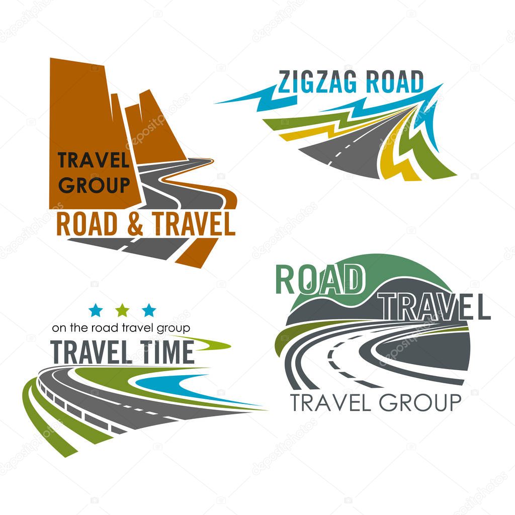 Road or route vector icons. Emblems of highway, motorway lane or expressway drive for travel trip adventure, industry and asphalt driveway construction, transportation and navigation corporation