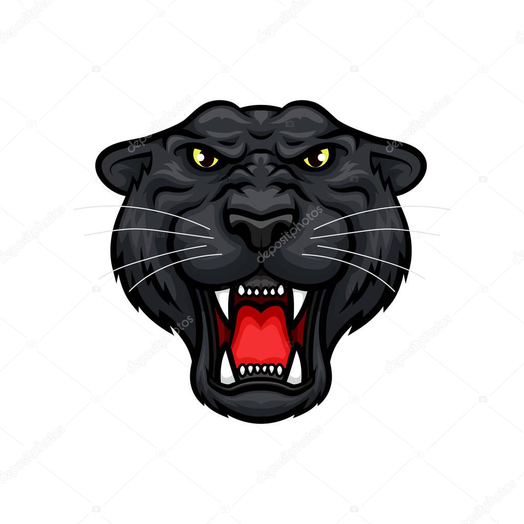 Black panther vector mascot. Roaring jaguar or leopard large wild cat muzzle with sharp canines jaw and yellow eyes. Isolated emblem design for sport team, hunting trip club or tattoo sign