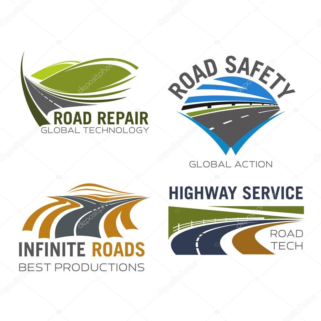 Road, highway or motorway lane and expressway drive vector icons for safety driving sign, transportation route repair, construction or car vehicle insurance company and navigation application