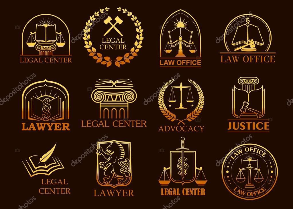 Juridical vector icons of legal symbols law code book, justice scales or judge gavel, laurel wreath and column. Golden emblems for advocate, court lawyer and judicial right attorney, counsel, notary