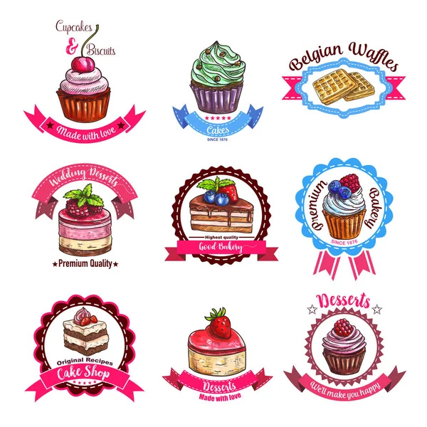 Panadería o pastelería postre pasteles vector bosquejo iconos — Vector de stock