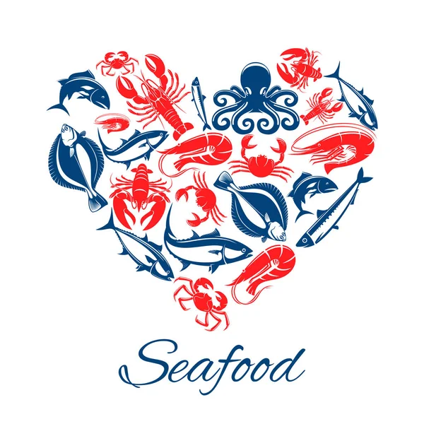 Frutti di mare cibo cibo cuore vettore poster — Vettoriale Stock