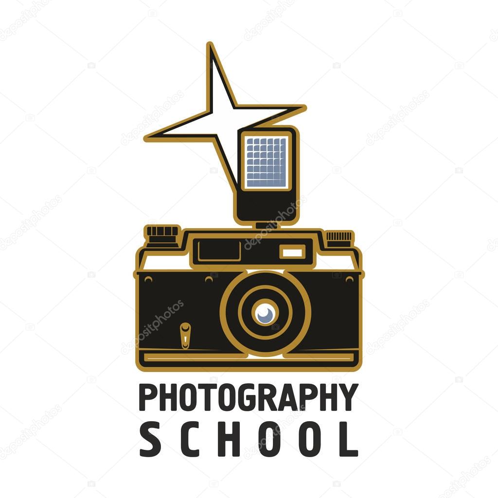 Camera vector icon of old or retro photograph camera with flash light, photo capture lens. Isolated emblem or sign for photography or photographer school