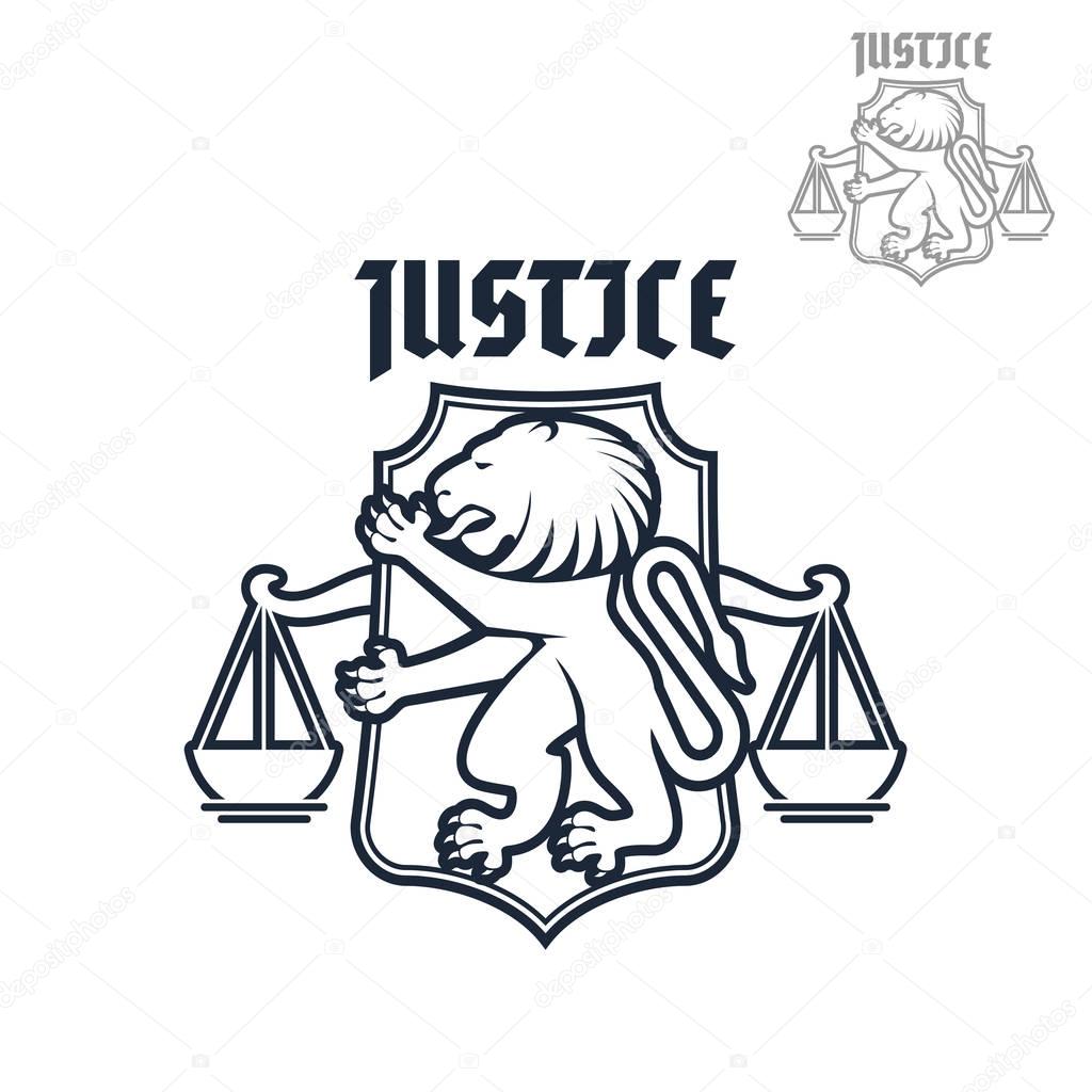Legal icon or justice and law vector emblem of heraldic lion and justice scales on shield. Advocacy and legal center symbol or sign for advocate and justice attorney office, counsel and notary