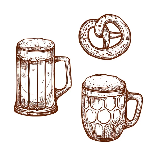 Canecas de pub de cerveja e esboço de vetor de lanche pretzel — Vetor de Stock