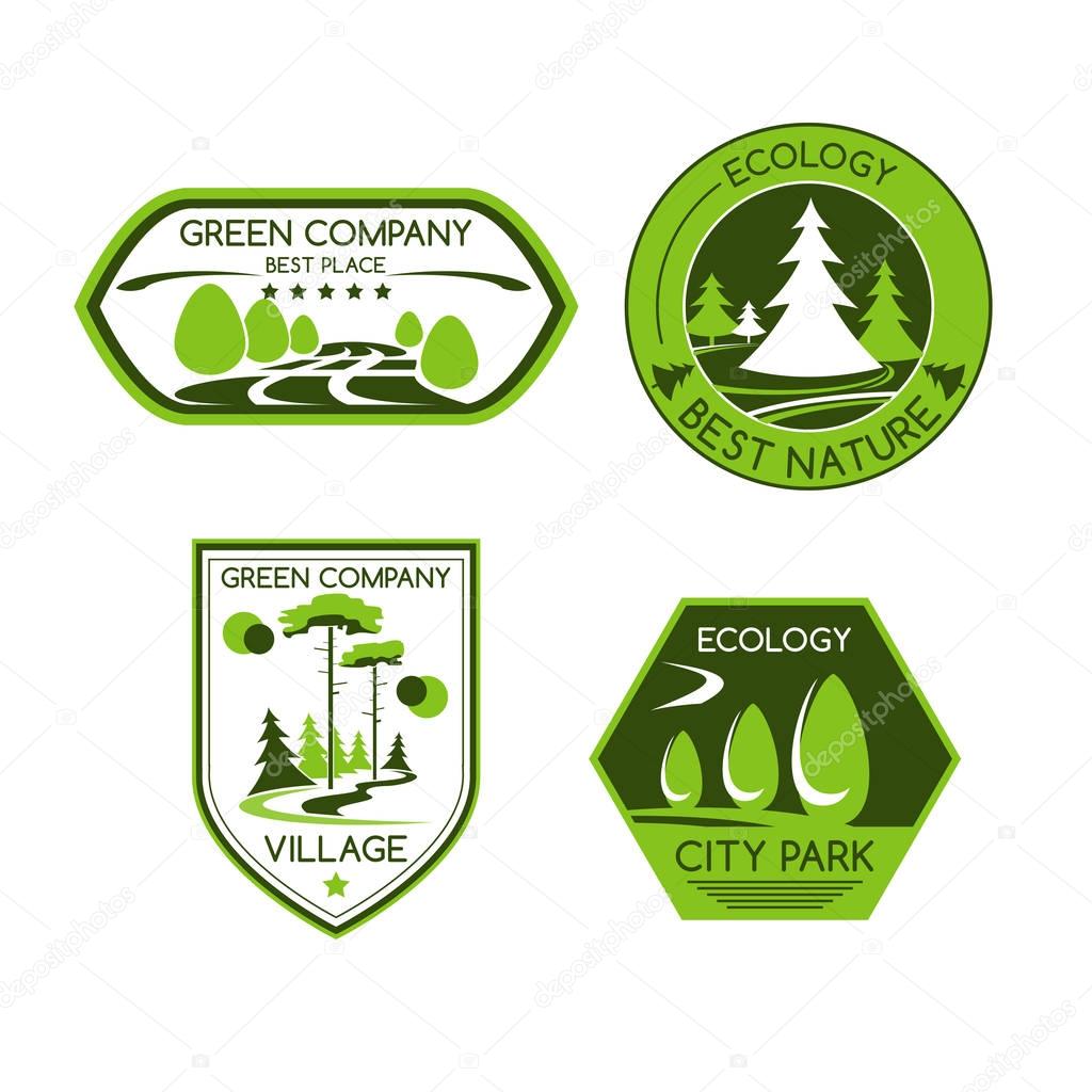 Green company vector icons set of urban outdoor park or eco village or forest trees and plants for horticulture landscape design, ecology environment or city and urban planting and gardening service