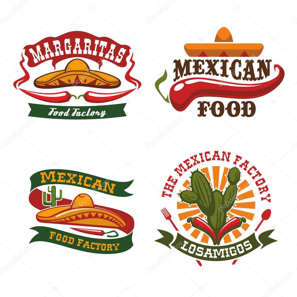 Mexican cuisine vector icons of sombrero hat, chili pepper jalapeno and agave cactus symbols for Mexico fast food snacks of burrito, tacos or tortillas, nachos and tequila bar or restaurant snacks