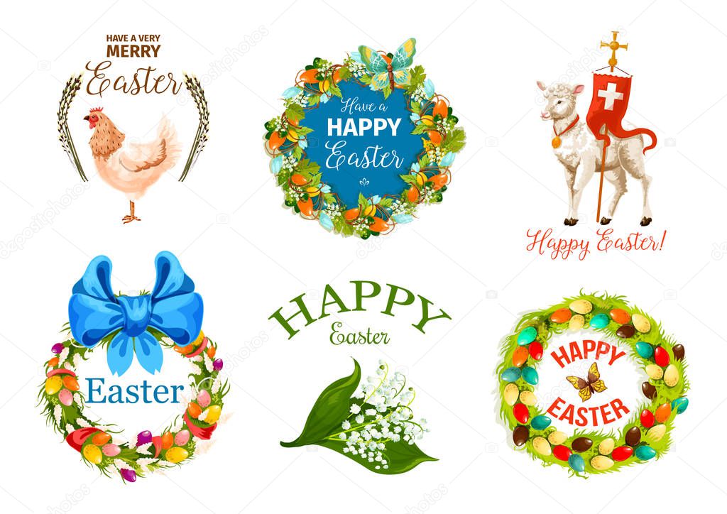 Happy Easter Day cartoon label set. Decorated Easter eggs wreath with spring flowers, butterflies and ribbon bow, chicken, lamb of God with cross, lily of the valley bunch and willow tree shoots