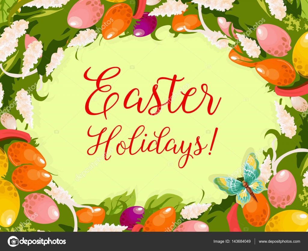 Corona di Pasqua dell uovo disegno di cartolina d auguri del Corona floreale dell uovo di Pasqua colorato con fiori di primavera foglia verde erba e farfalla Vacanze di Pasqua ed Egg Hunt celebrazione poster design