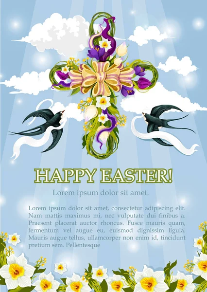 Vector Easter crucifix cross of flowers poster — Stock Vector