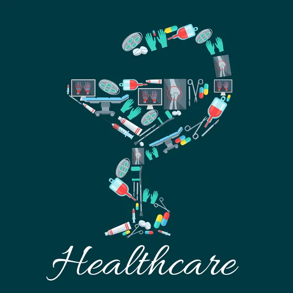 Symbole de pharmacie serpent et tasse avec icônes médicales — Image vectorielle