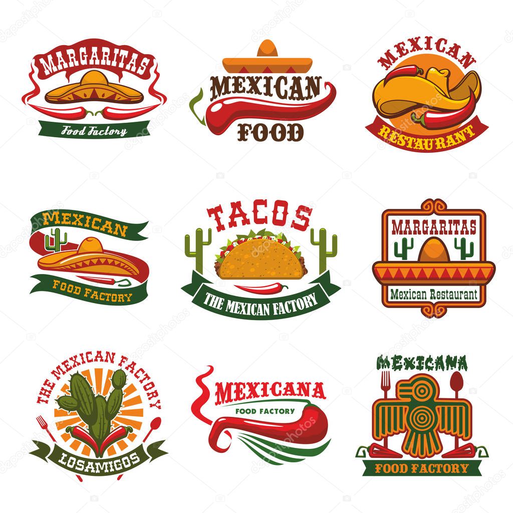Mexican cuisine restaurant and fast food cafe emblem set. Taco with vegetable, meat fillings and hot red chilli pepper symbols with sombrero hat, tribal mexican bird, cactus and ribbon banner