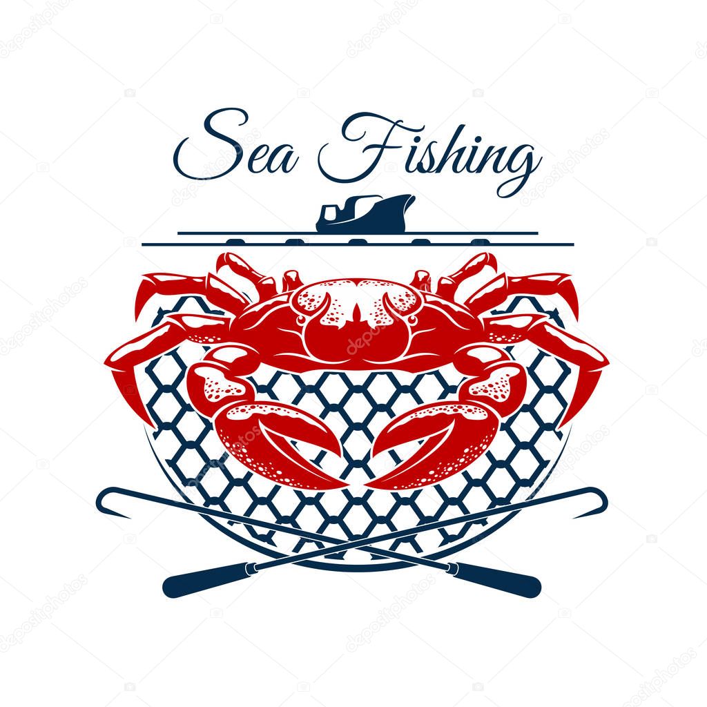 Sea fishing sign. Freshly caught crab in trap with fishing boat on the background. Fishing sport emblem, fisherman club badge or sporting tournament design