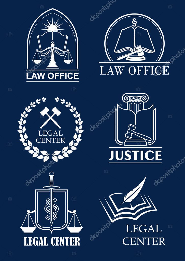 Law office, legal center and justice symbol set. Scale and sword of justice, judge mallet and law book heraldic badges with laurel wreath and shield. Lawyer services themes design