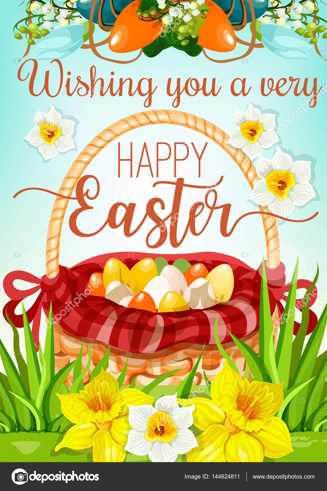 Cestino di Easter Egg Hunt con disegno del manifesto di fiori Cestino di vimini con colorata Pasqua uova sul prato di erba verde con i fiori di Giglio Narciso e Bucaneve Disegno di cartolina d auguri