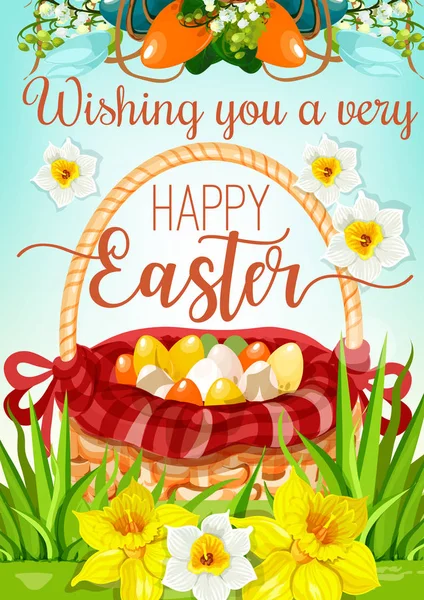 Easter Egg Hunt mand met bloemen posterontwerp — Stockvector