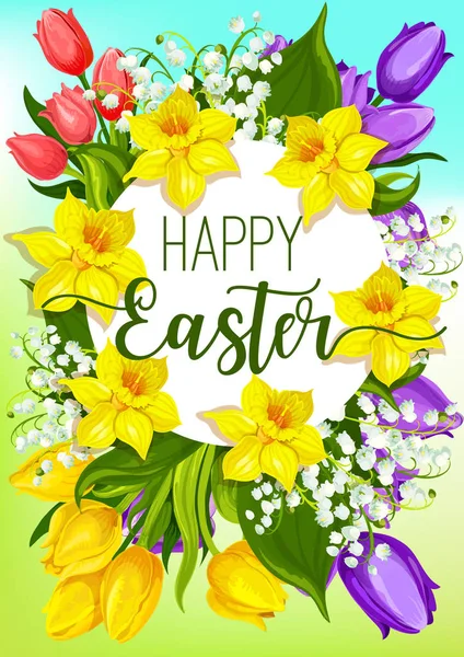 Húsvét a tavaszi virágok rajzfilm poszter design — Stock Vector