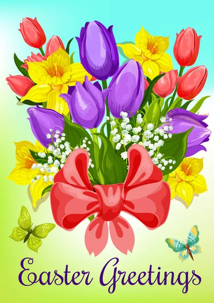 Flores de Páscoa com design de cartão de saudação fita — Vetor de Stock