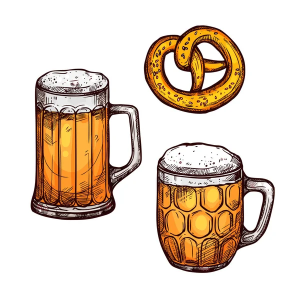 Bicchiere di birra e bavarese pretzel schizzo isolato — Vettoriale Stock
