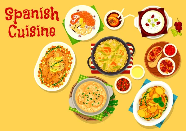 Cozinha espanhola frutos do mar e pratos de carne ícone — Vetor de Stock