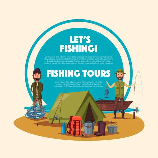 Fishing tour cartoon poster with fisherman camp