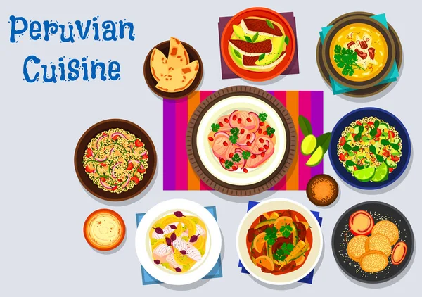Ícone de cozinha peruana com pratos de frutos do mar — Vetor de Stock