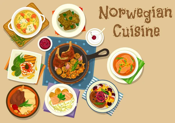 Norwegian cuisine fish and meat dishes icon — Stock Vector