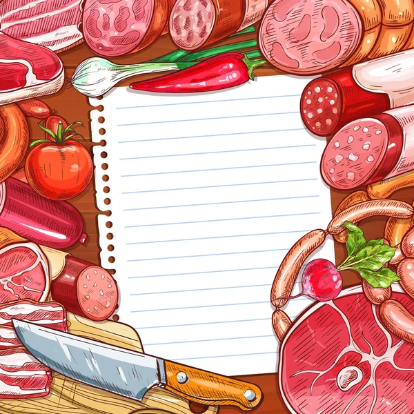 Vlees en worst met recept of menu blanco papier — Stockvector
