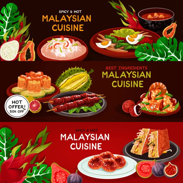 Dania kuchni malezyjskiej restauracji transparent zestaw design — Wektor stockowy