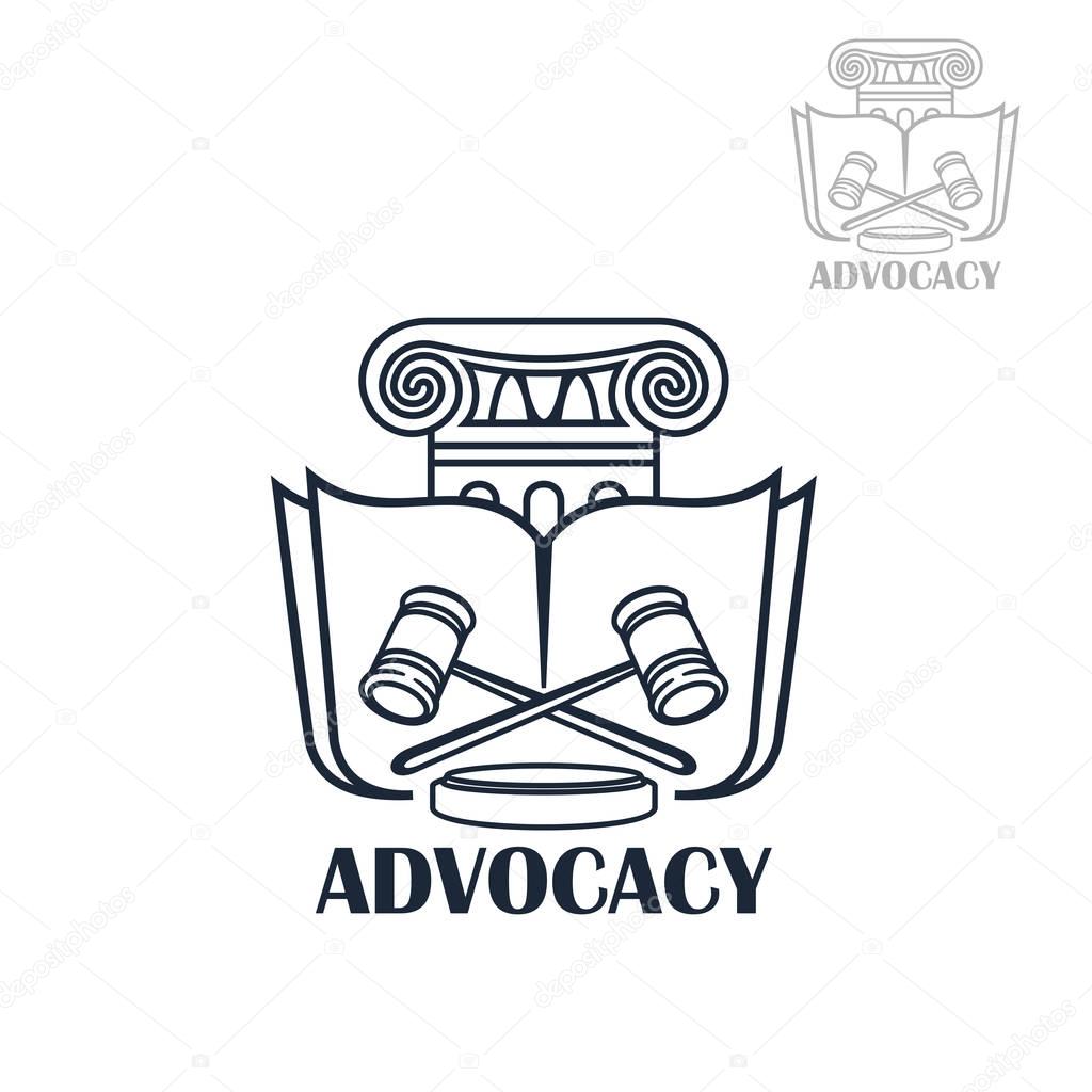 Law firm and lawyer services sign. Advocacy symbol with law book and crossed judge mallets for lawyer office and legal firm design