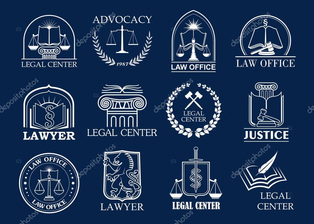 Law firm, legal center and lawyer office badge set. Justice heraldic symbols with scales, sword, law book and judge mallet, framed by laurel wreath and shield. Advocacy, attorney services design