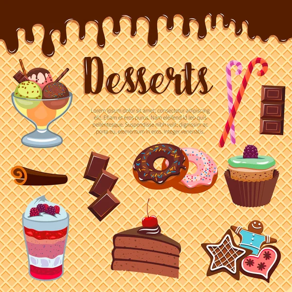 Десерти Вафелька та торти Векторний плакат — стоковий вектор