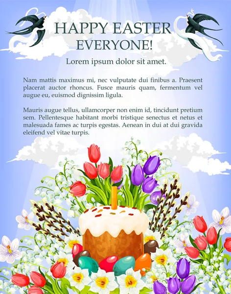 부활절 케이크, 계란, 꽃 포스터 템플릿 — 스톡 벡터
